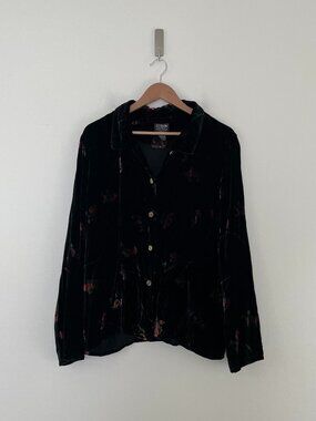 Citron Santa Monica Silk Velvet Asia Geisha Floral Button Top Size Large
